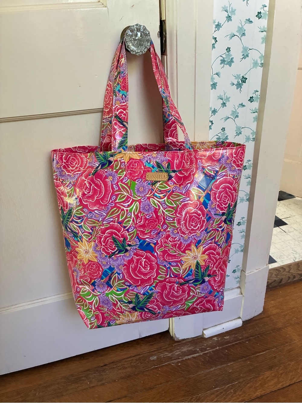 Consuela Pink Floral Vinyl Tote with Tropical Print